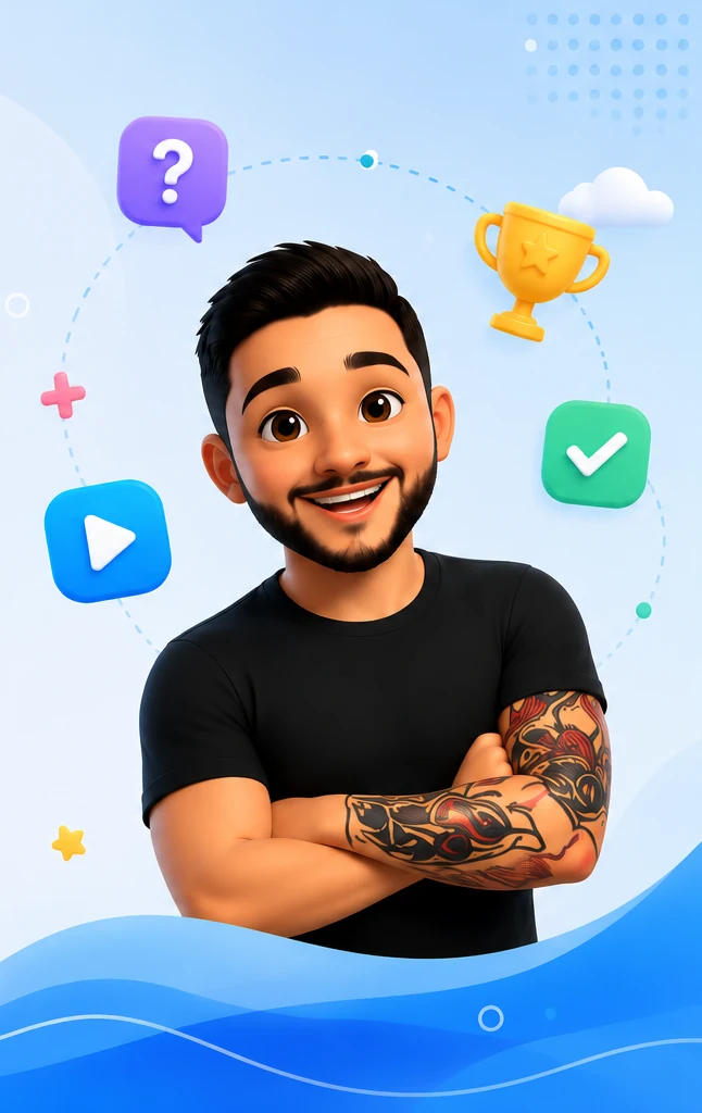 Personagem do LudiQuest com os braços cruzados, cercado de ícones de troféu, dúvida e acerto