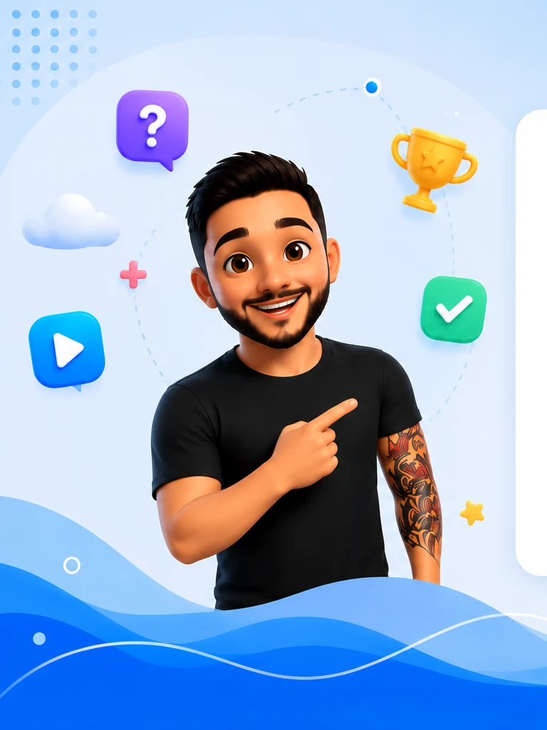 Personagem do LudiQuest apontando para o card de login, cercado de ícones de troféu, dúvida e play